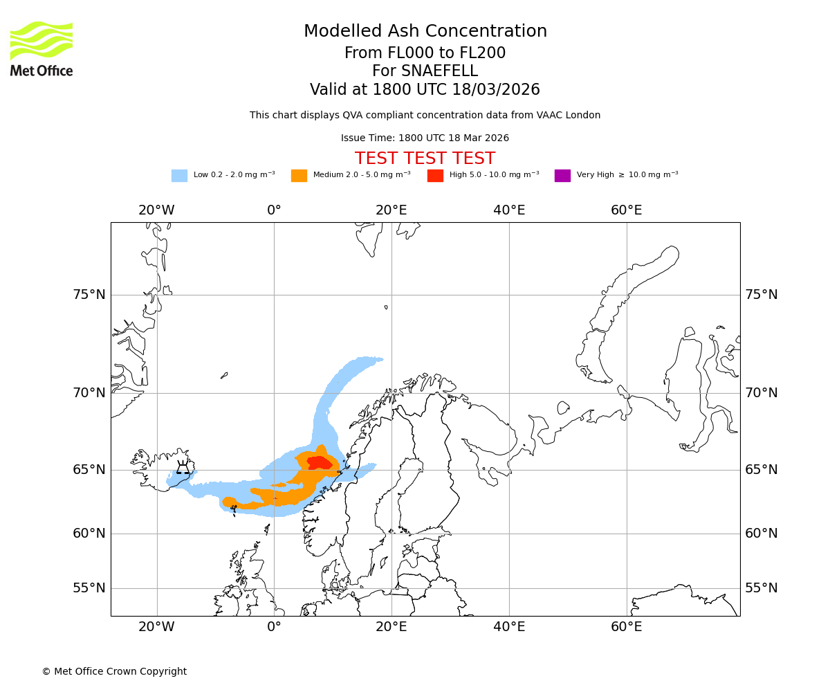 Modelled ash concentration from 000 to 200 for SNAEFELL. Valid at 1800 UTC 18/03/2026