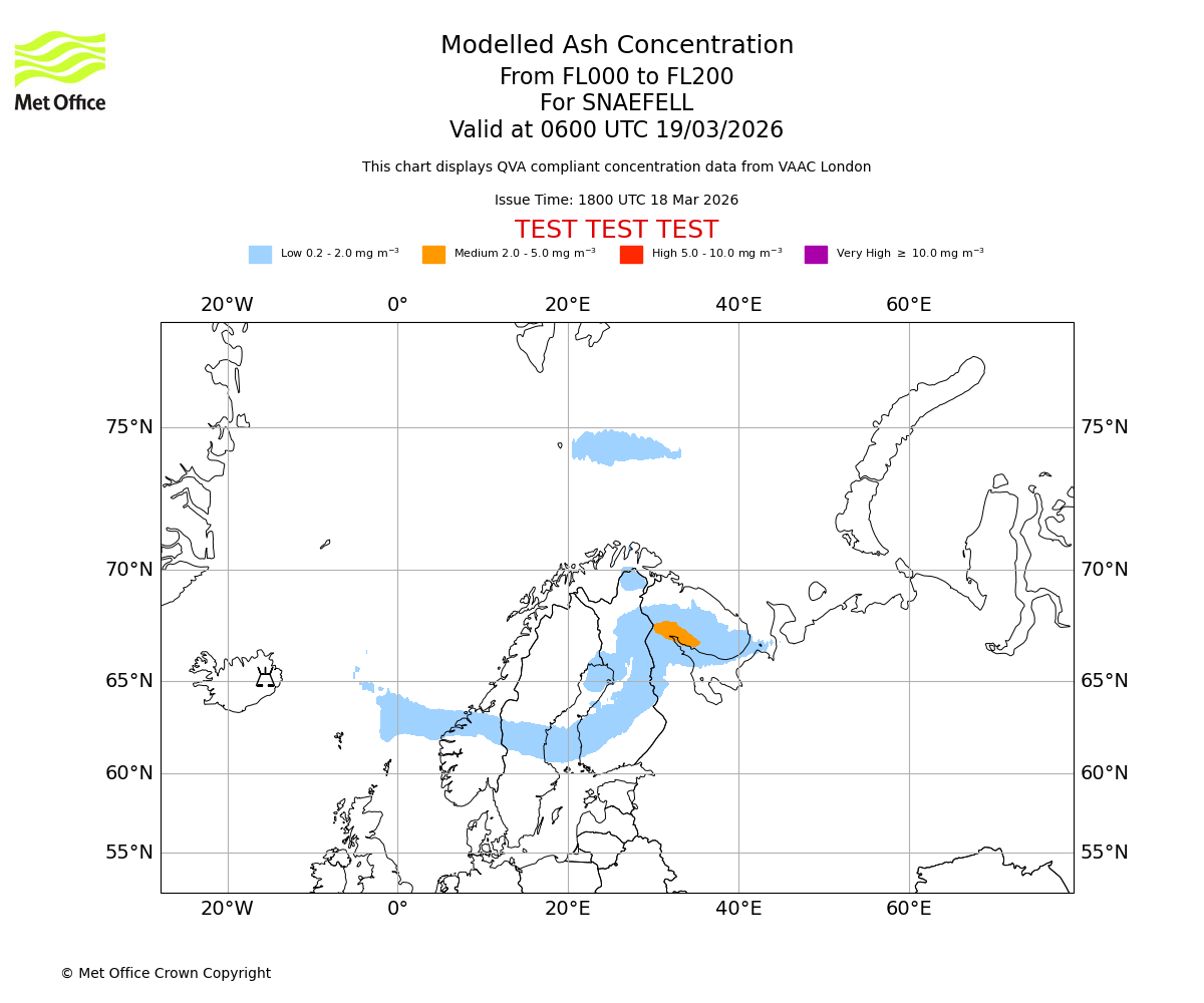 Modelled ash concentration from 000 to 200 for SNAEFELL. Valid at 0600 UTC 19/03/2026