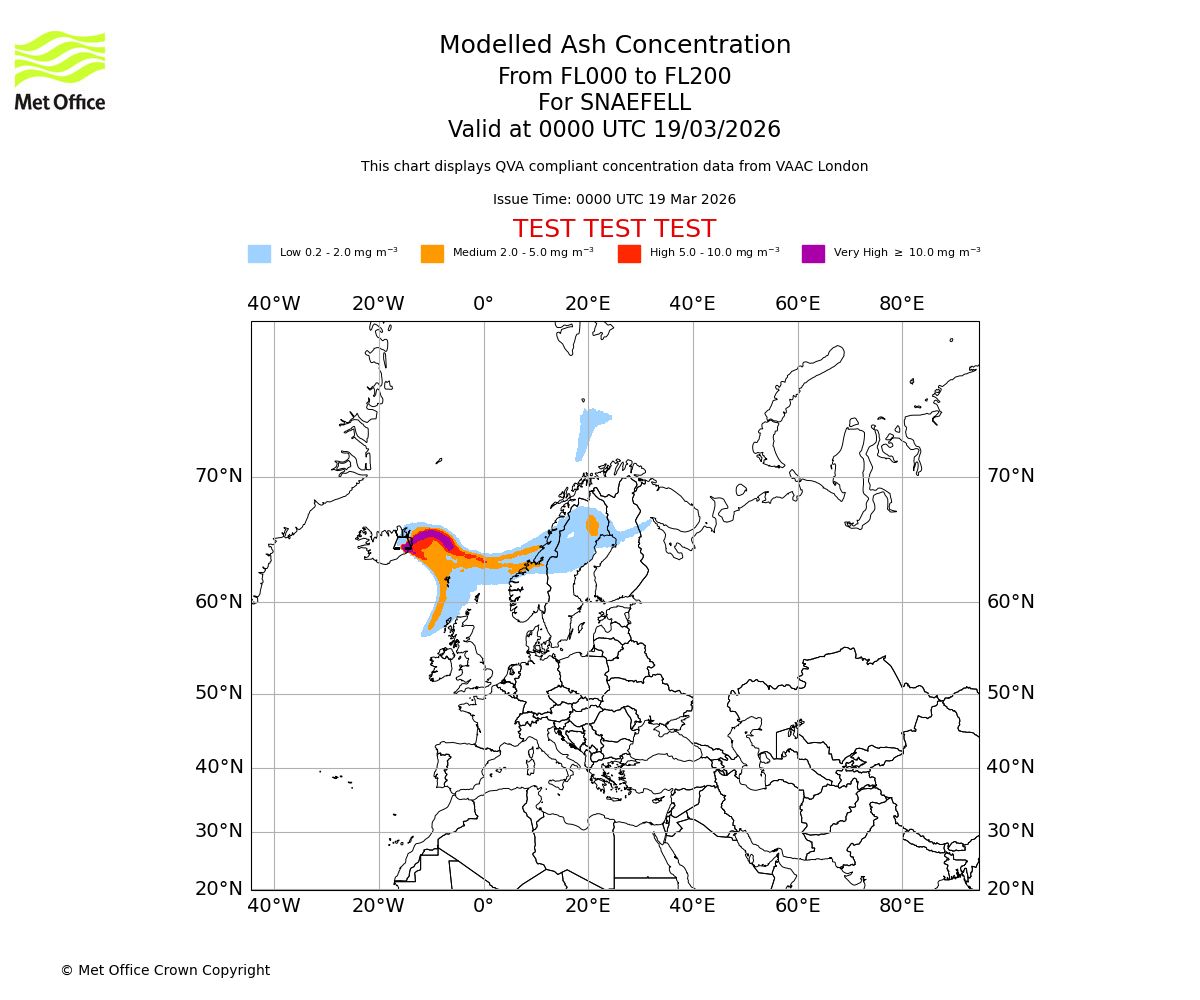 Modelled ash concentration from 000 to 200 for SNAEFELL. Valid at 0000 UTC 19/03/2026