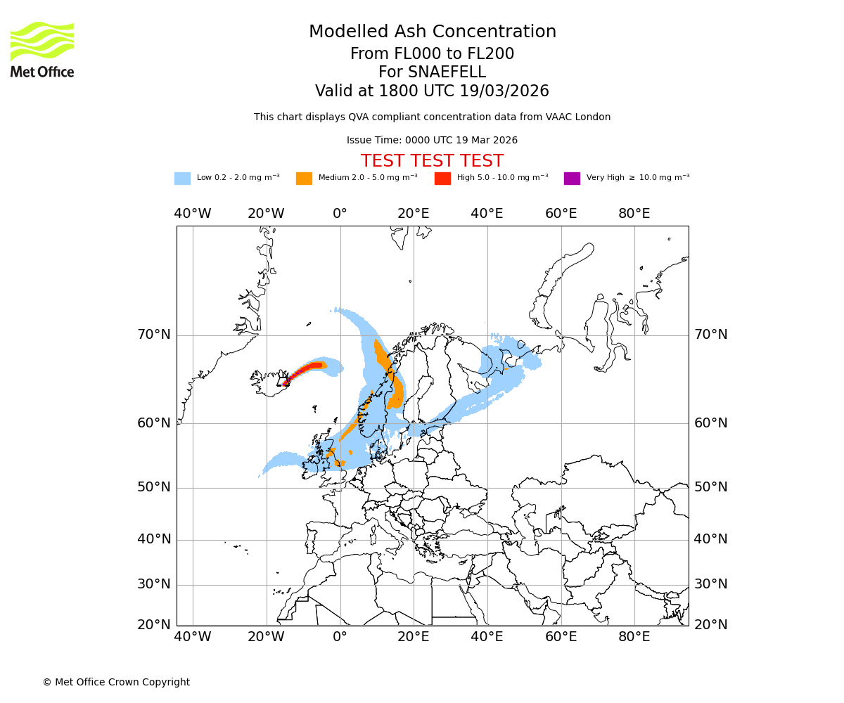 Modelled ash concentration from 000 to 200 for SNAEFELL. Valid at 1800 UTC 19/03/2026