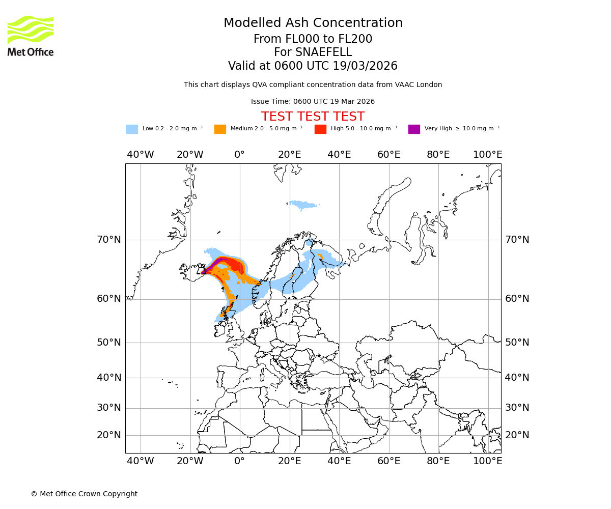 Modelled ash concentration from 000 to 200 for SNAEFELL. Valid at 0600 UTC 19/03/2026