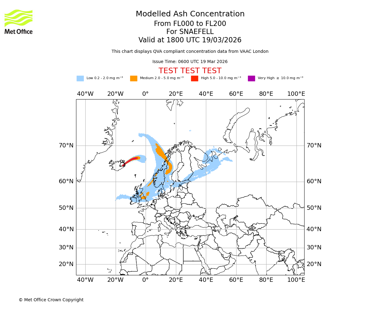 Modelled ash concentration from 000 to 200 for SNAEFELL. Valid at 1800 UTC 19/03/2026