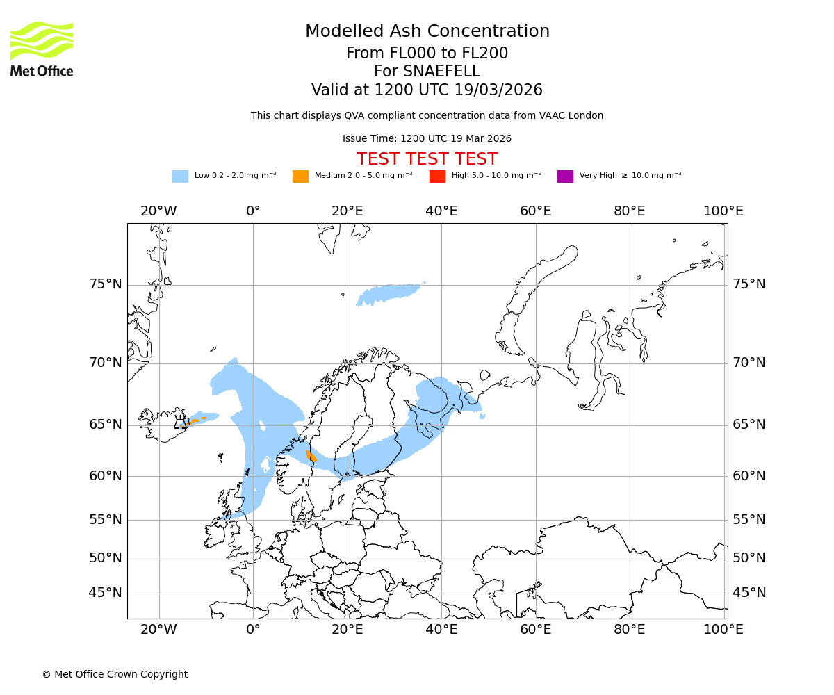 Modelled ash concentration from 000 to 200 for SNAEFELL. Valid at 1200 UTC 19/03/2026