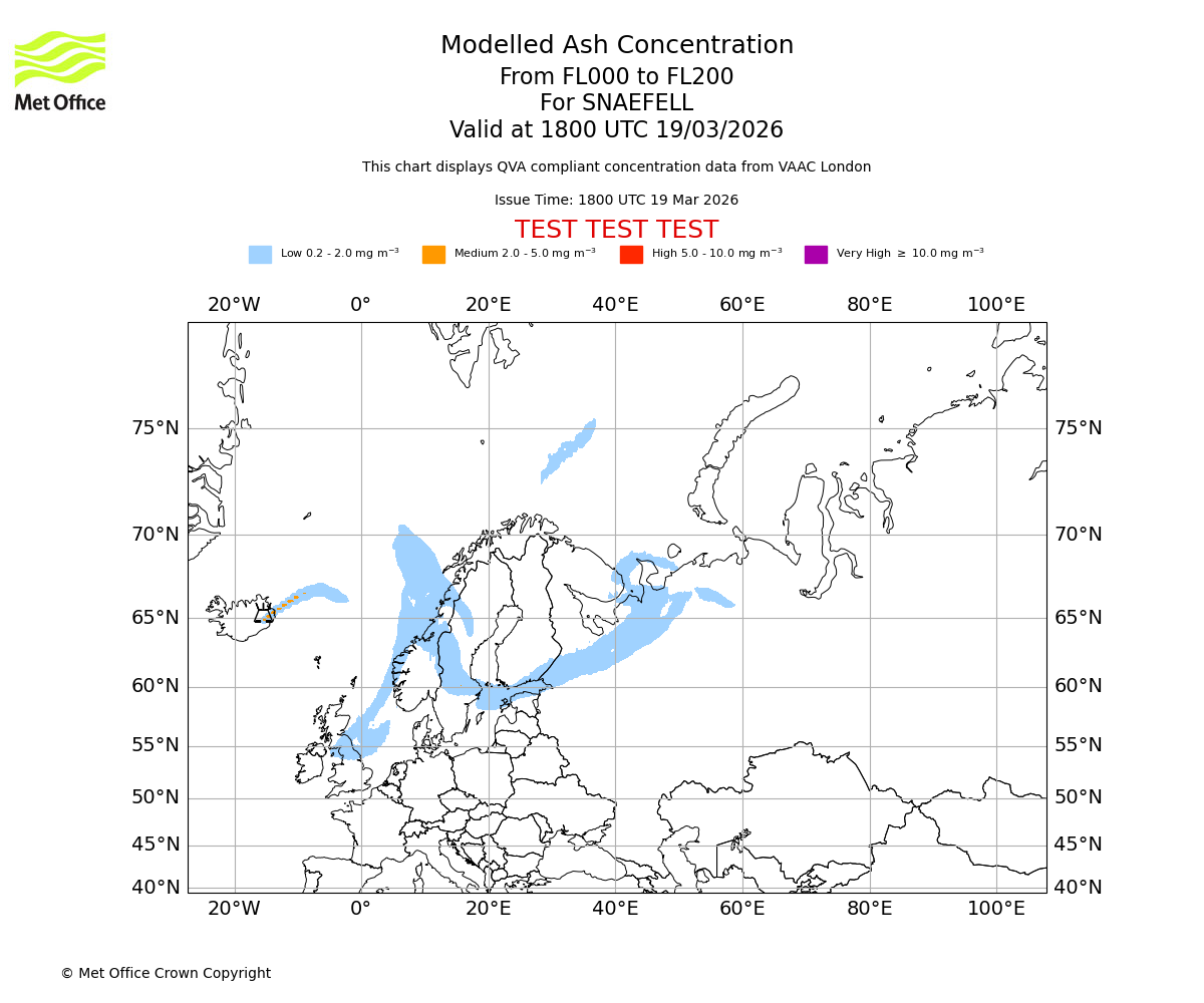 Modelled ash concentration from 000 to 200 for SNAEFELL. Valid at 1800 UTC 19/03/2026