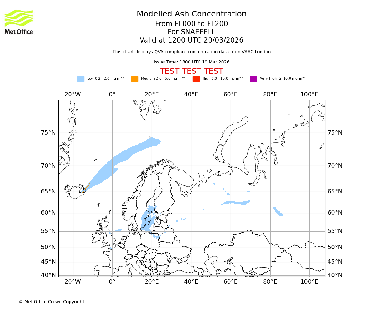 Modelled ash concentration from 000 to 200 for SNAEFELL. Valid at 1200 UTC 20/03/2026
