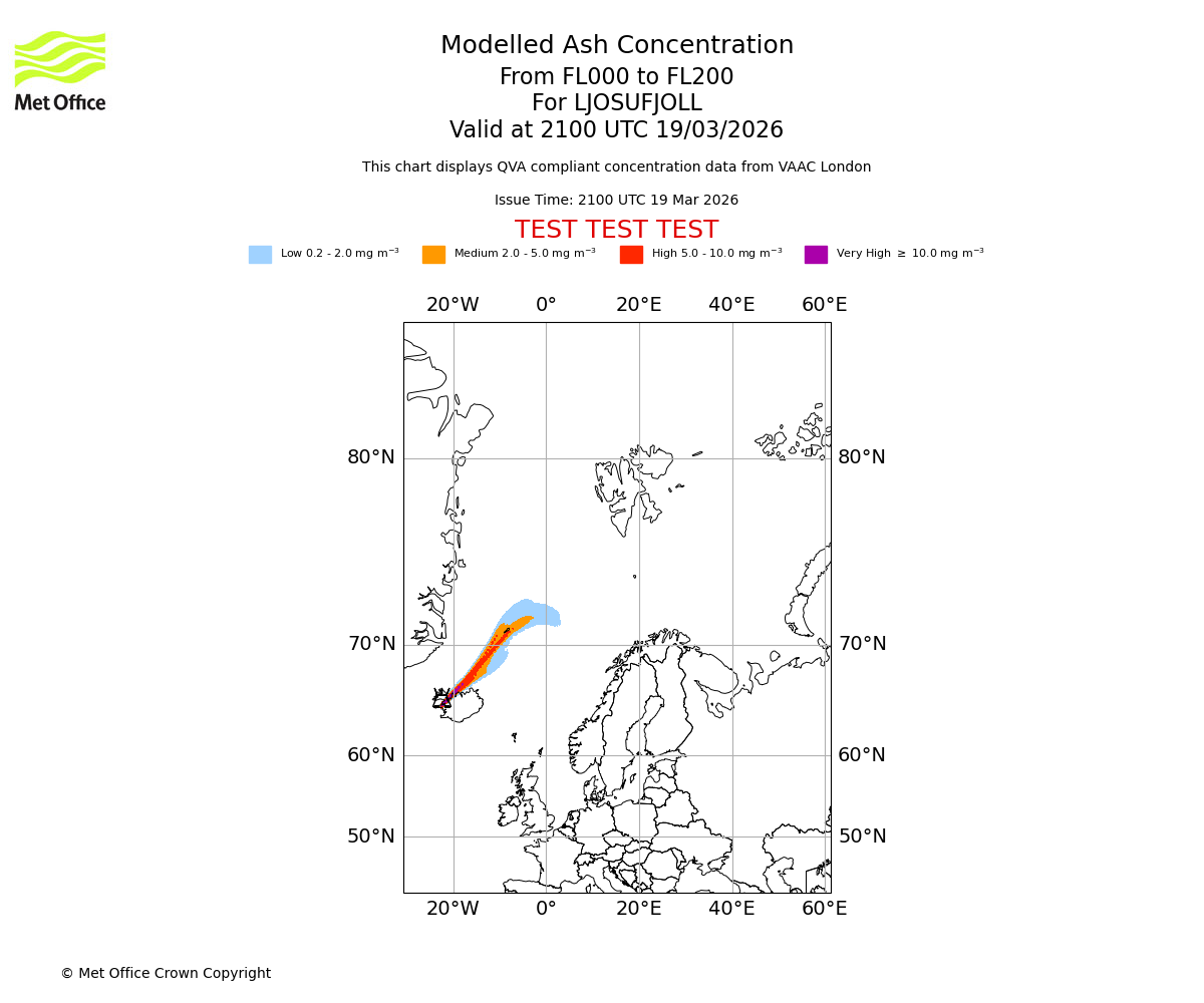Modelled ash concentration from 000 to 200 for LJOSUFJOLL. Valid at 2100 UTC 19/03/2026