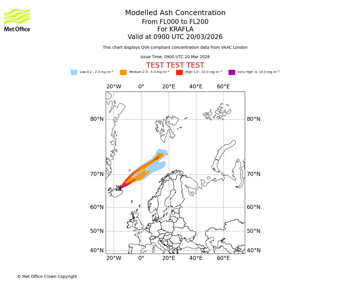 Modelled ash concentration from 000 to 200 for KRAFLA. Valid at 0900 UTC 20/03/2026