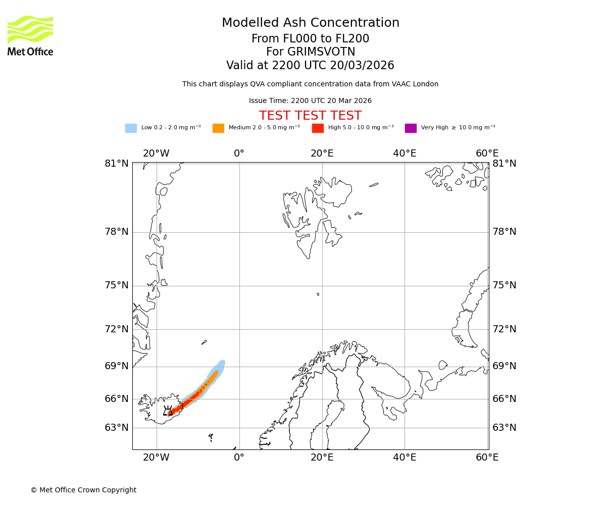 Modelled ash concentration from 000 to 200 for GRIMSVOTN. Valid at 2200 UTC 20/03/2026