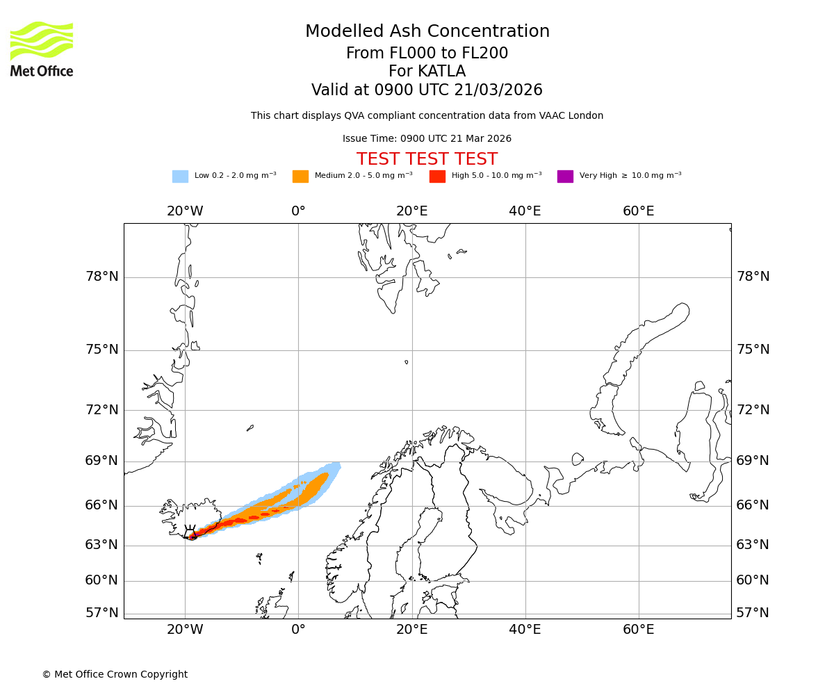 Modelled ash concentration from 000 to 200 for KATLA. Valid at 0900 UTC 21/03/2026
