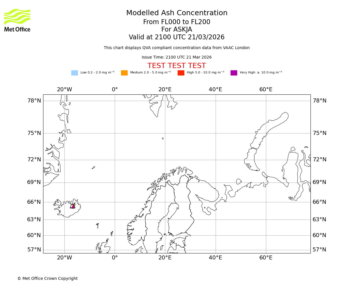 Modelled ash concentration from 000 to 200 for ASKJA. Valid at 2100 UTC 21/03/2026