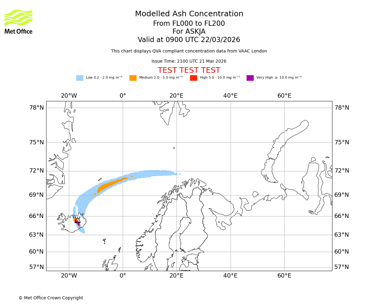 Modelled ash concentration from 000 to 200 for ASKJA. Valid at 0900 UTC 22/03/2026