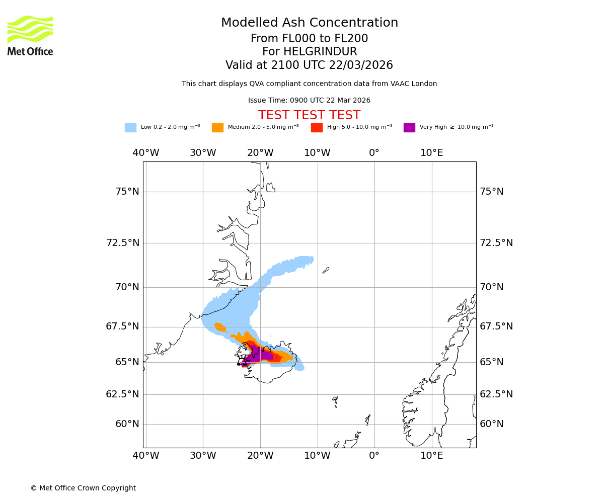 Modelled ash concentration from 000 to 200 for HELGRINDUR. Valid at 2100 UTC 22/03/2026