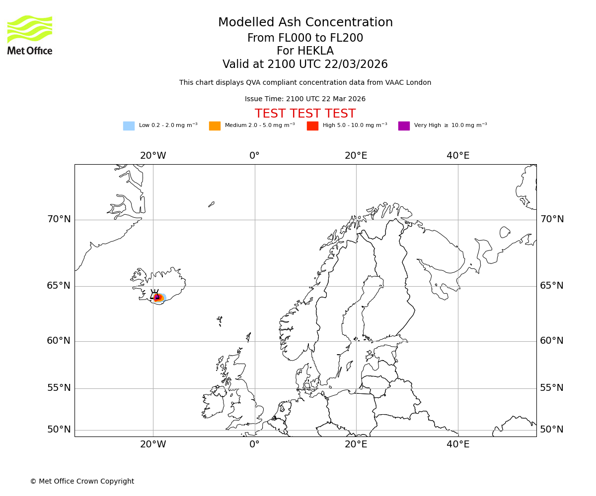 Modelled ash concentration from 000 to 200 for HEKLA. Valid at 2100 UTC 22/03/2026