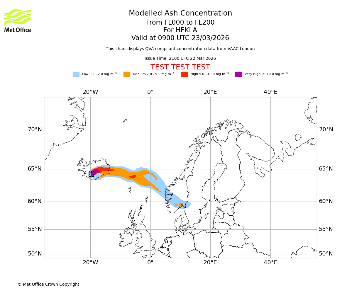 Modelled ash concentration from 000 to 200 for HEKLA. Valid at 0900 UTC 23/03/2026