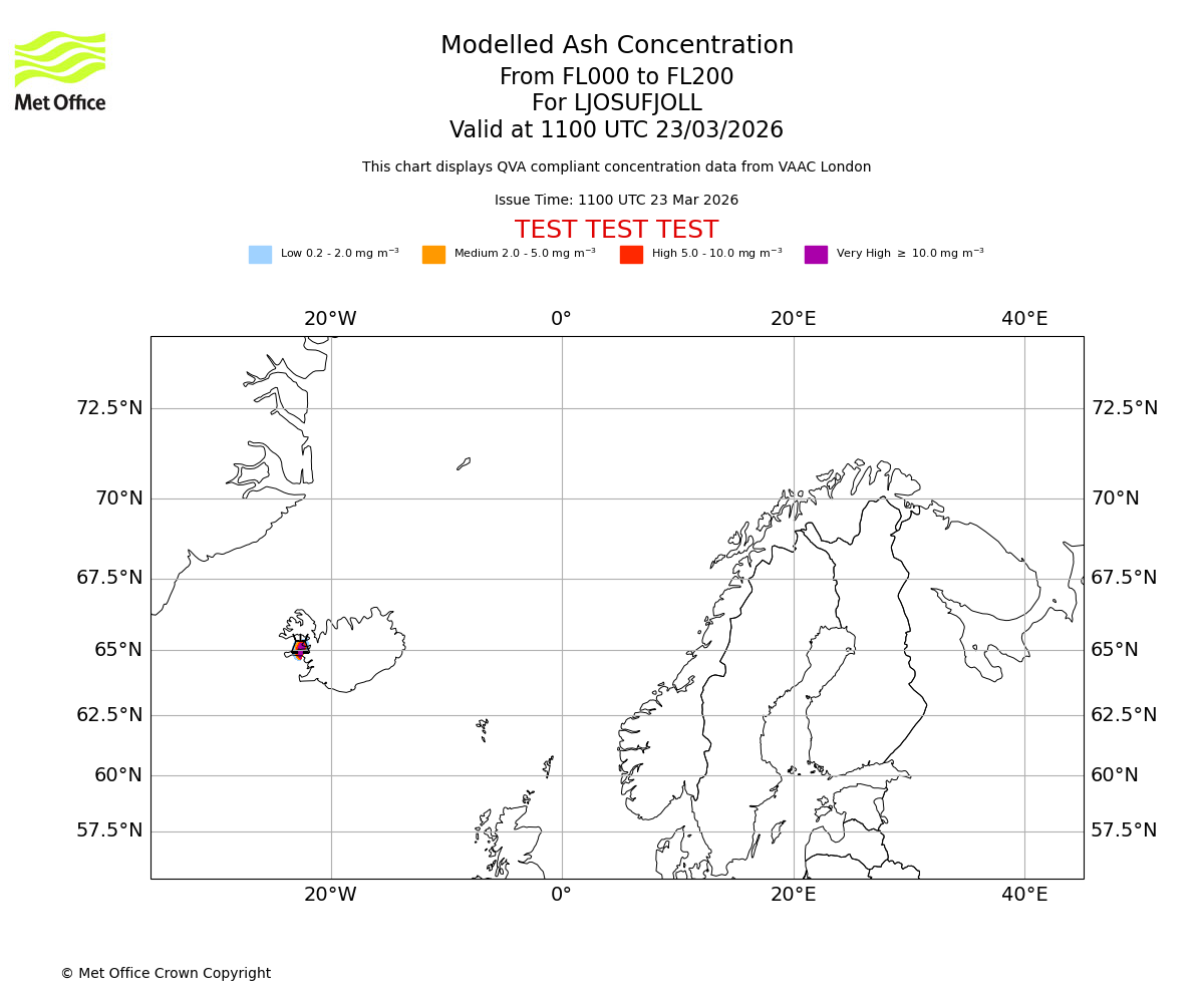Modelled ash concentration from 000 to 200 for LJOSUFJOLL. Valid at 1100 UTC 23/03/2026