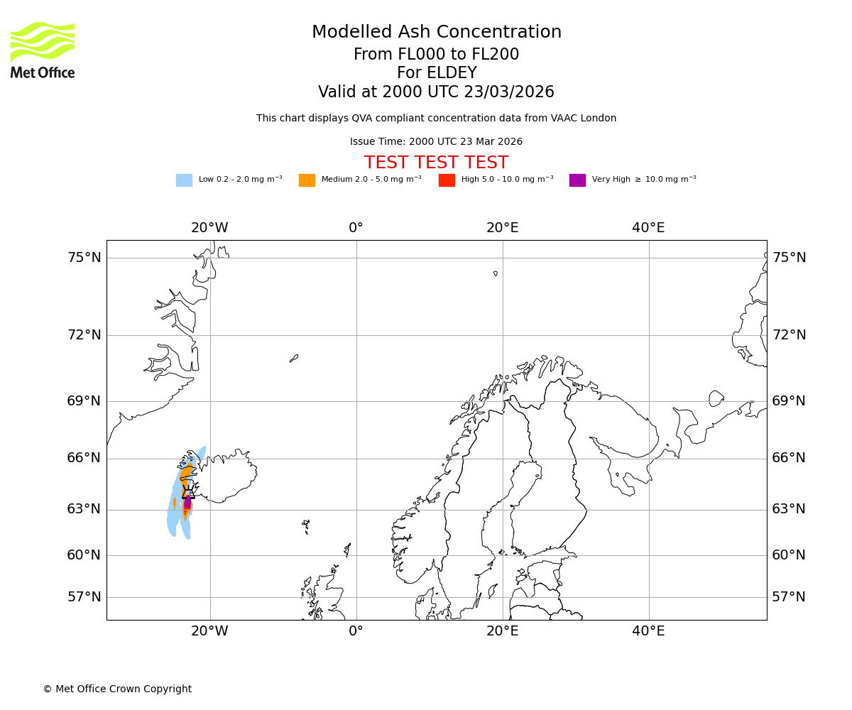 Modelled ash concentration from 000 to 200 for ELDEY. Valid at 2000 UTC 23/03/2026