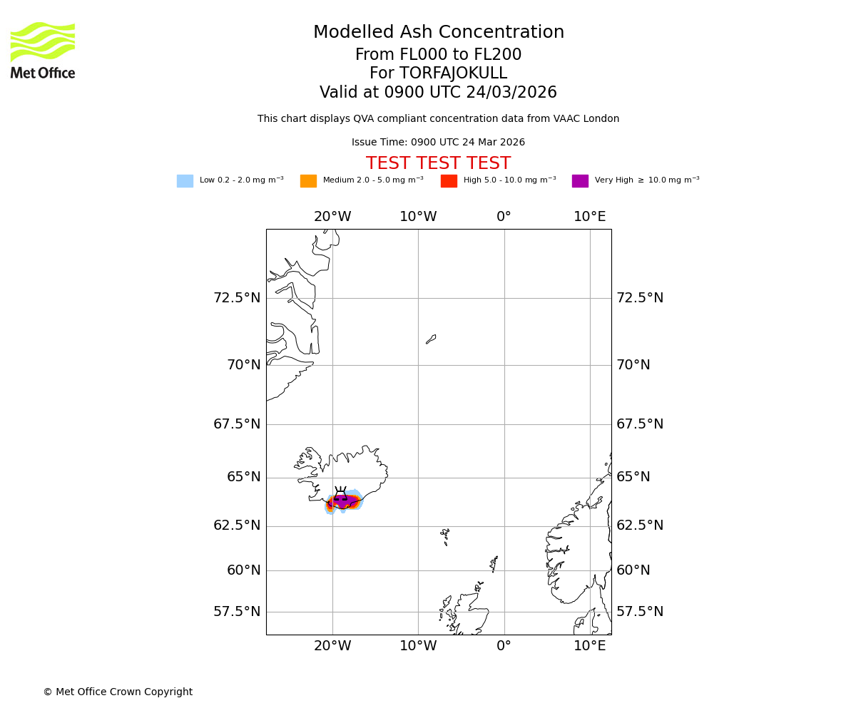 Modelled ash concentration from 000 to 200 for TORFAJOKULL. Valid at 0900 UTC 24/03/2026