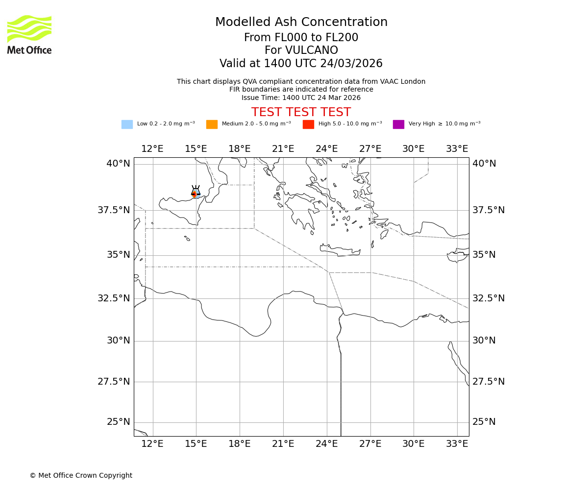 Modelled ash concentration from 000 to 200 for VULCANO. Valid at 1400 UTC 24/03/2026