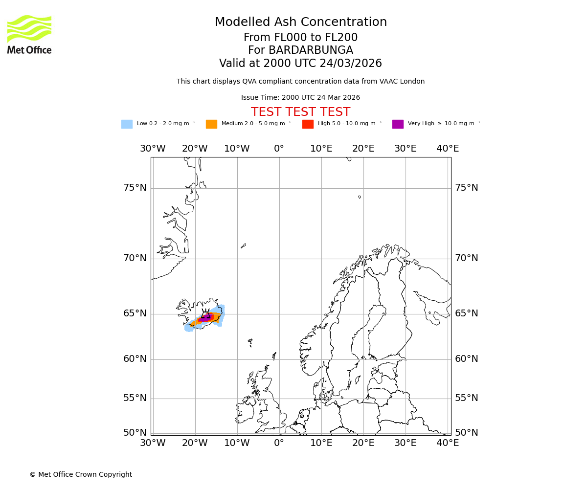 Modelled ash concentration from 000 to 200 for BARDARBUNGA. Valid at 2000 UTC 24/03/2026