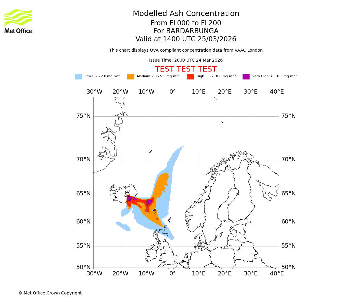 Modelled ash concentration from 000 to 200 for BARDARBUNGA. Valid at 1400 UTC 25/03/2026