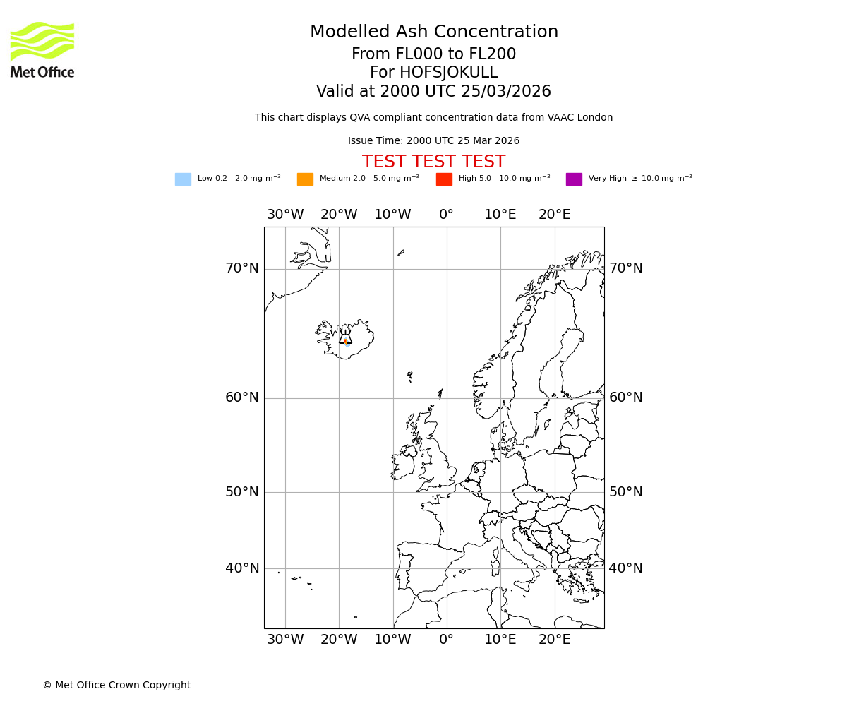 Modelled ash concentration from 000 to 200 for HOFSJOKULL. Valid at 2000 UTC 25/03/2026