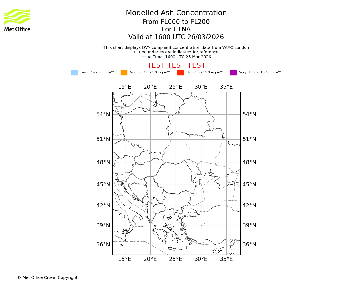 Modelled ash concentration from 000 to 200 for ETNA. Valid at 1600 UTC 26/03/2026