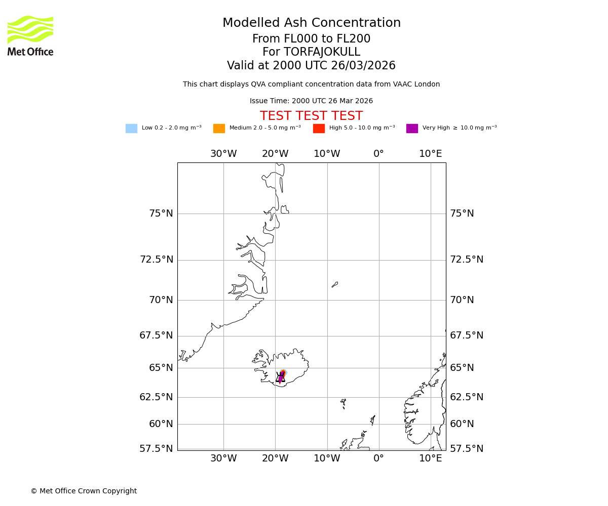 Modelled ash concentration from 000 to 200 for TORFAJOKULL. Valid at 2000 UTC 26/03/2026