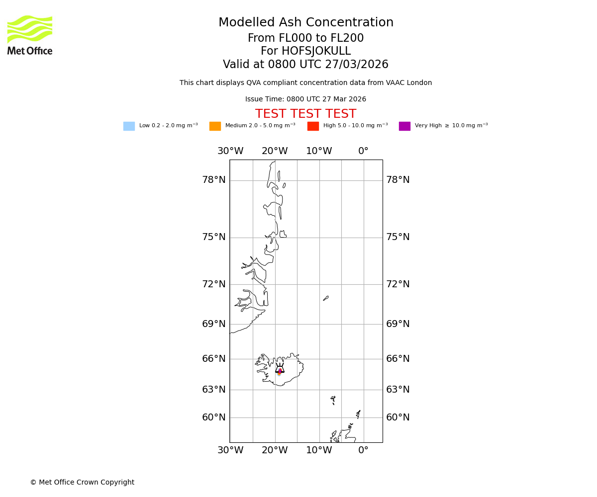 Modelled ash concentration from 000 to 200 for HOFSJOKULL. Valid at 0800 UTC 27/03/2026