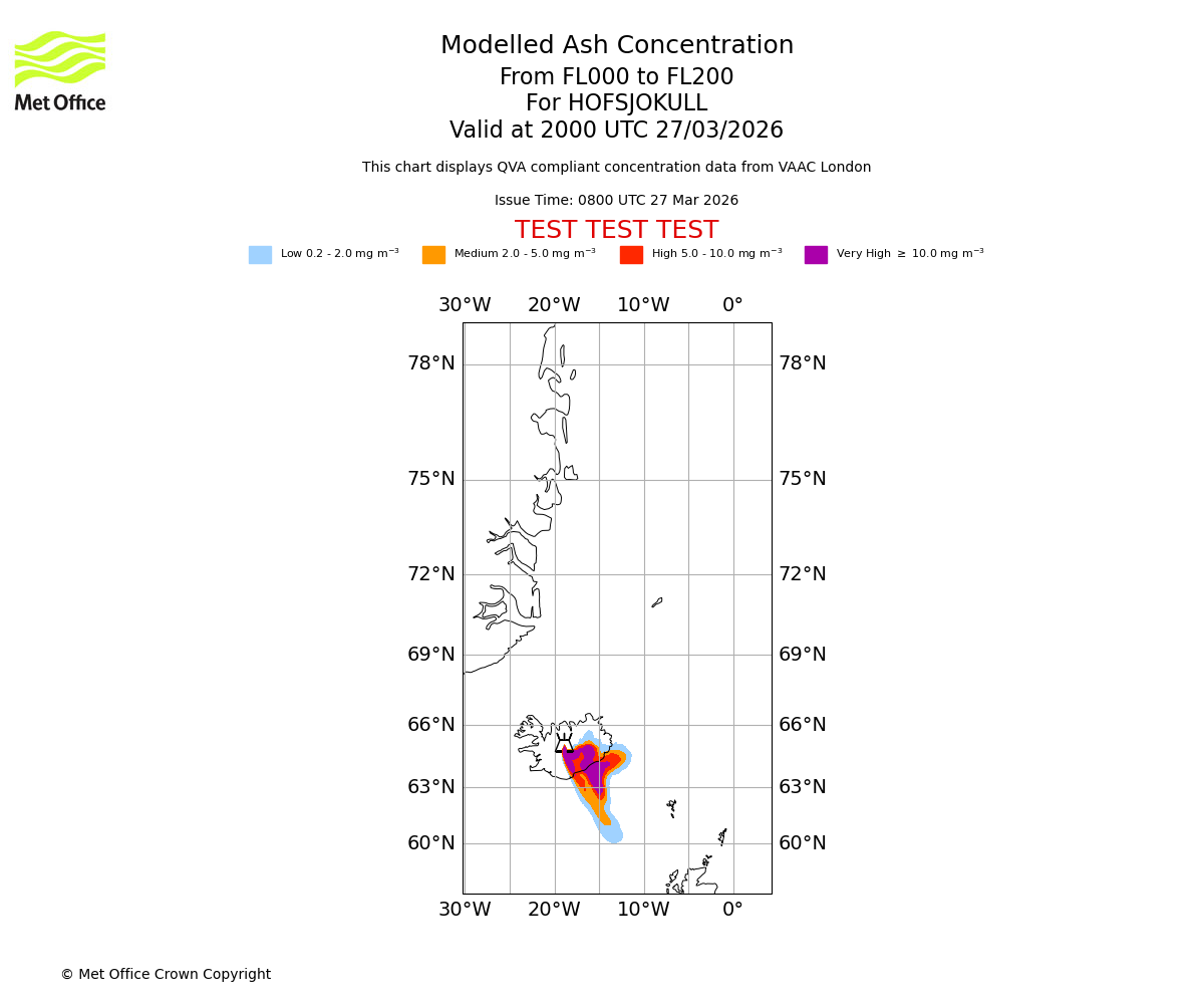 Modelled ash concentration from 000 to 200 for HOFSJOKULL. Valid at 2000 UTC 27/03/2026