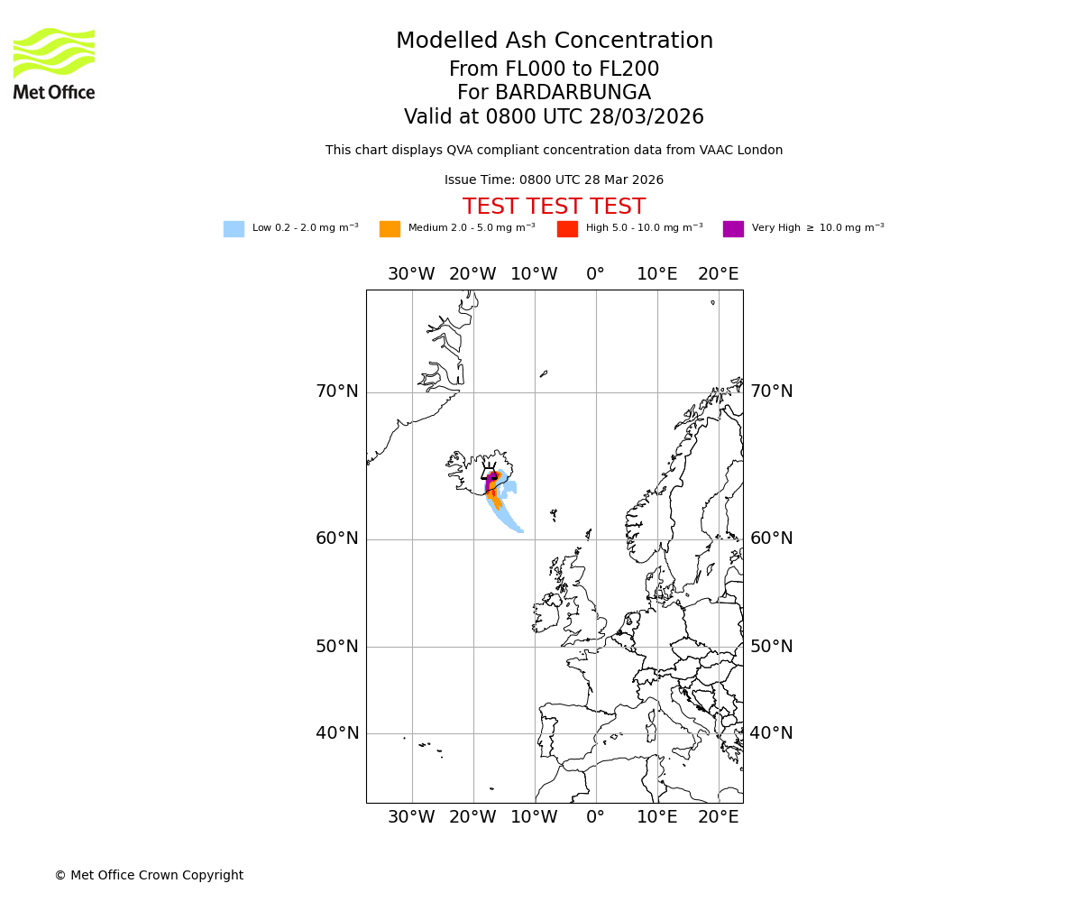 Modelled ash concentration from 000 to 200 for BARDARBUNGA. Valid at 0800 UTC 28/03/2026
