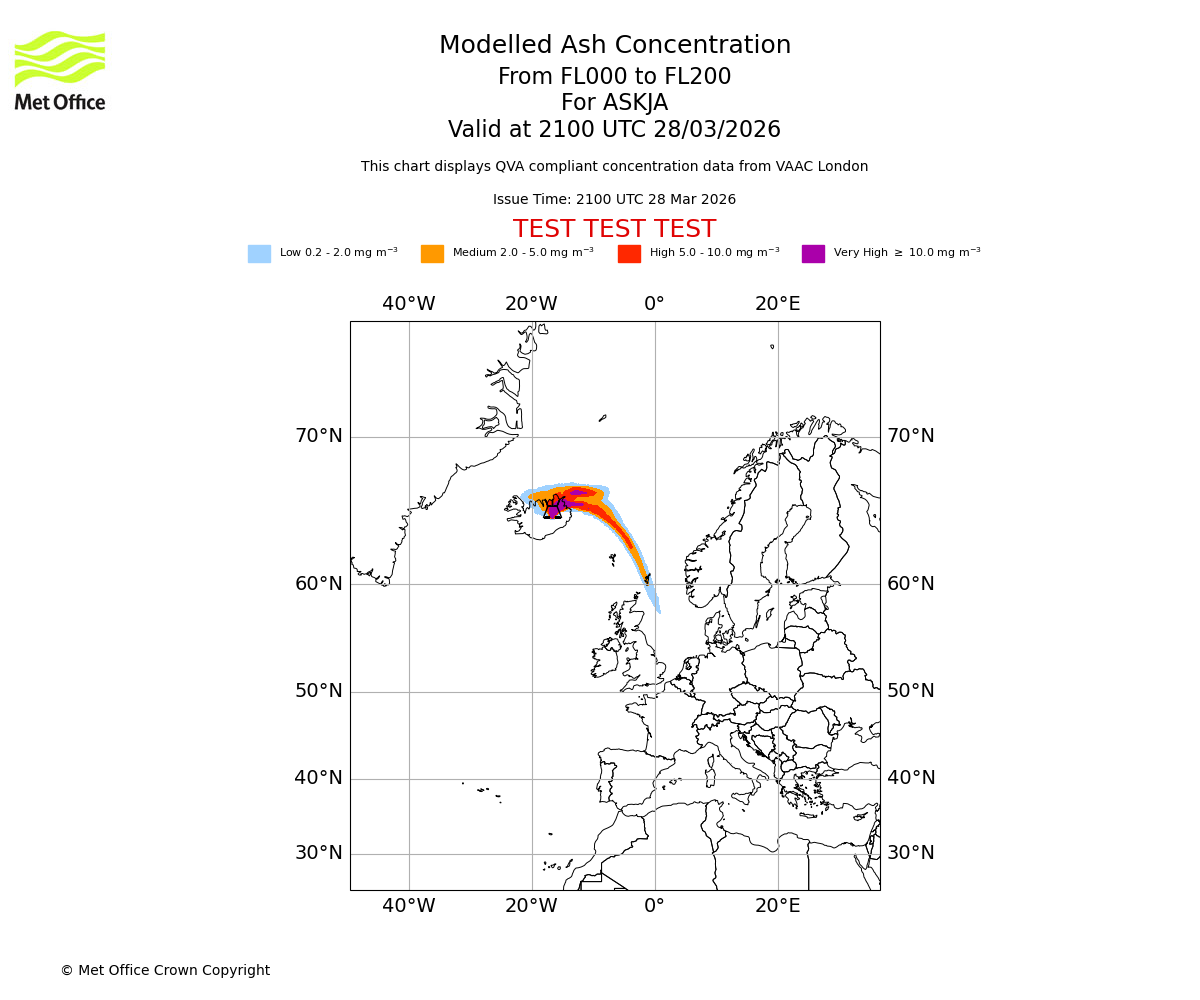 Modelled ash concentration from 000 to 200 for ASKJA. Valid at 2100 UTC 28/03/2026