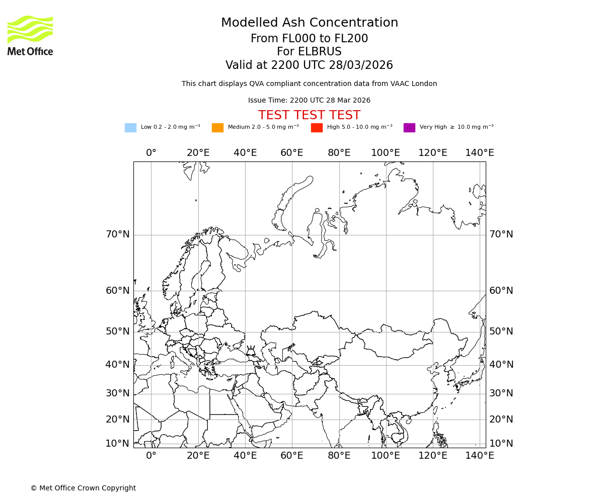 Modelled ash concentration from 000 to 200 for ELBRUS. Valid at 2200 UTC 28/03/2026