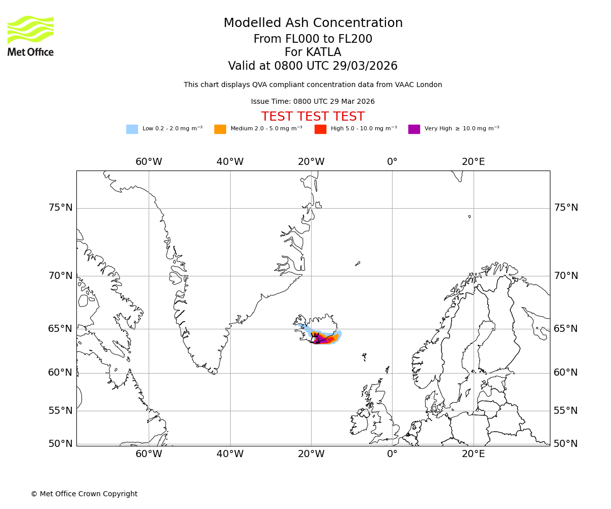 Modelled ash concentration from 000 to 200 for KATLA. Valid at 0800 UTC 29/03/2026
