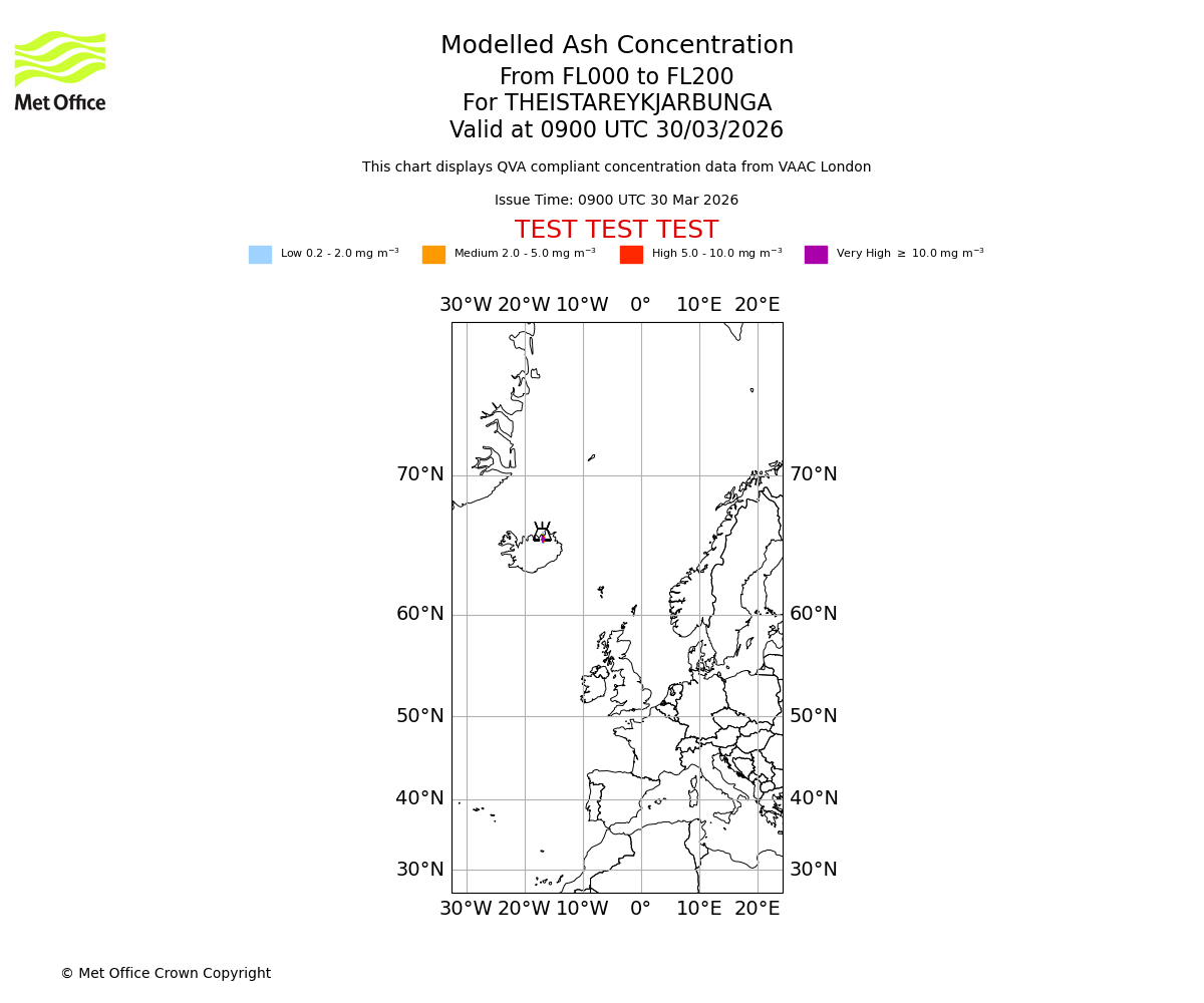 Modelled ash concentration from 000 to 200 for THEISTAREYKJARBUNGA. Valid at 0900 UTC 30/03/2026