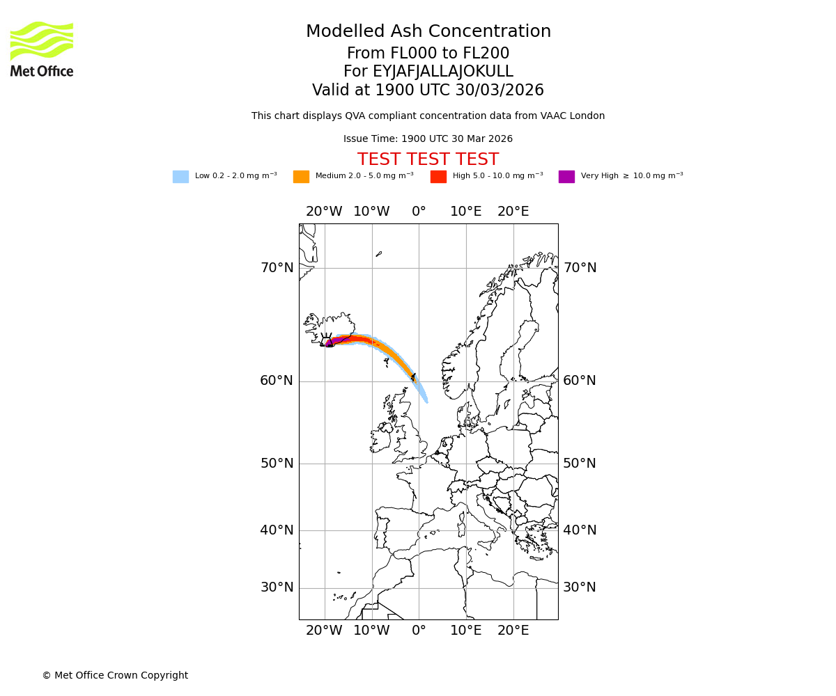Modelled ash concentration from 000 to 200 for EYJAFJALLAJOKULL. Valid at 1900 UTC 30/03/2026