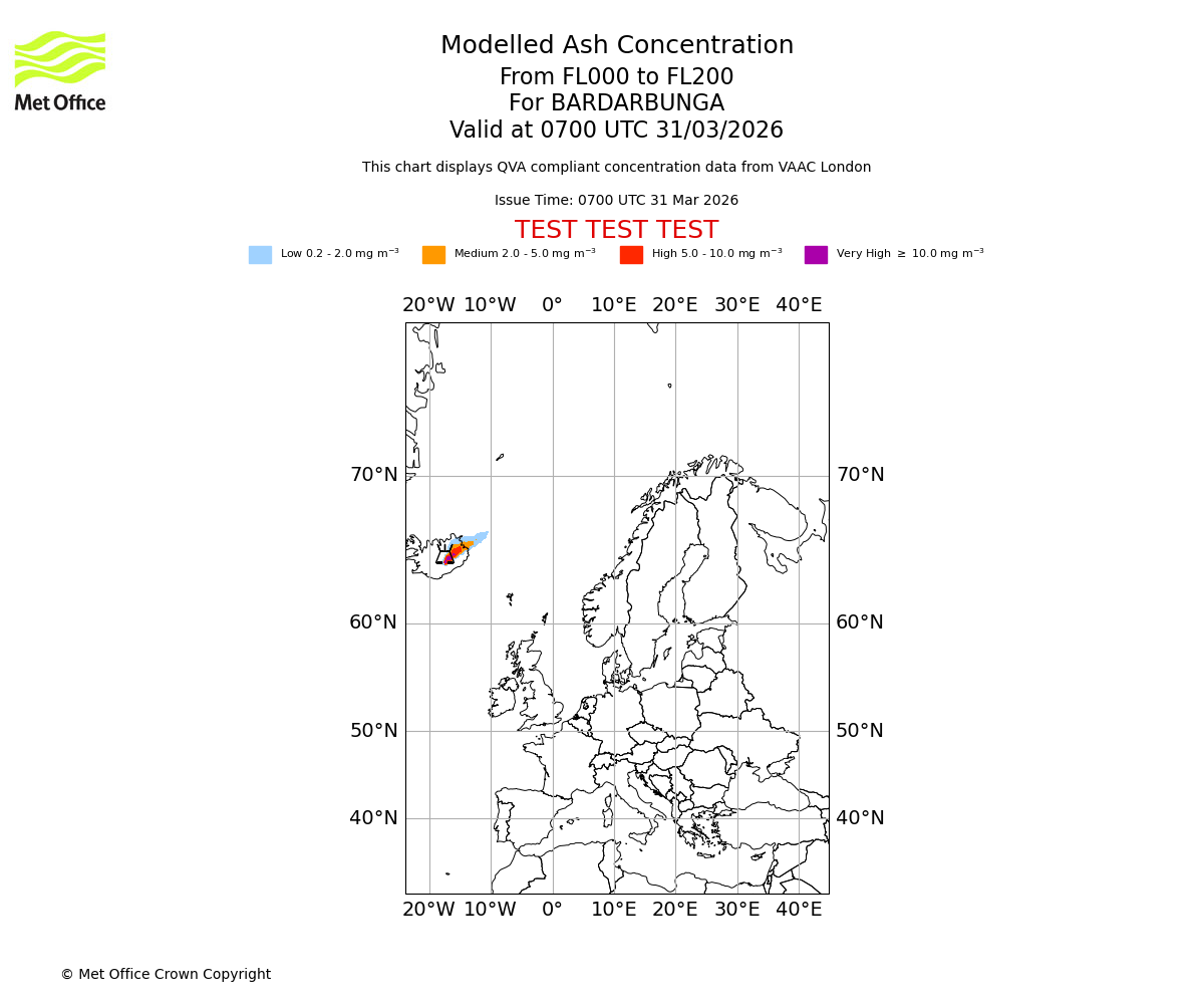 Modelled ash concentration from 000 to 200 for BARDARBUNGA. Valid at 0700 UTC 31/03/2026