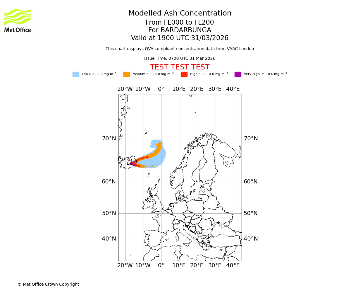 Modelled ash concentration from 000 to 200 for BARDARBUNGA. Valid at 1900 UTC 31/03/2026