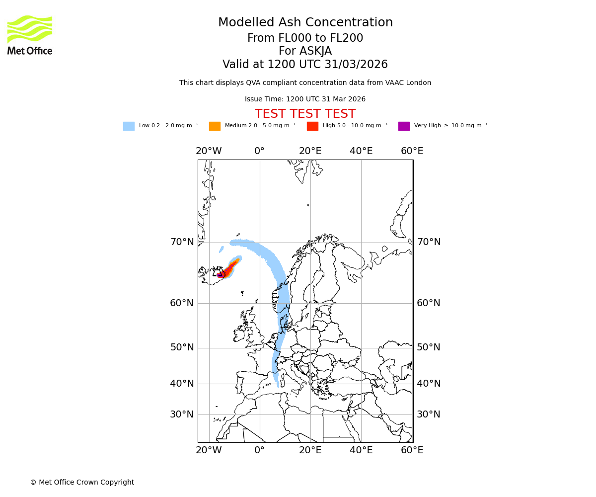 Modelled ash concentration from 000 to 200 for ASKJA. Valid at 1200 UTC 31/03/2026
