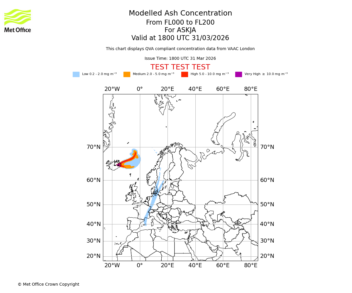 Modelled ash concentration from 000 to 200 for ASKJA. Valid at 1800 UTC 31/03/2026