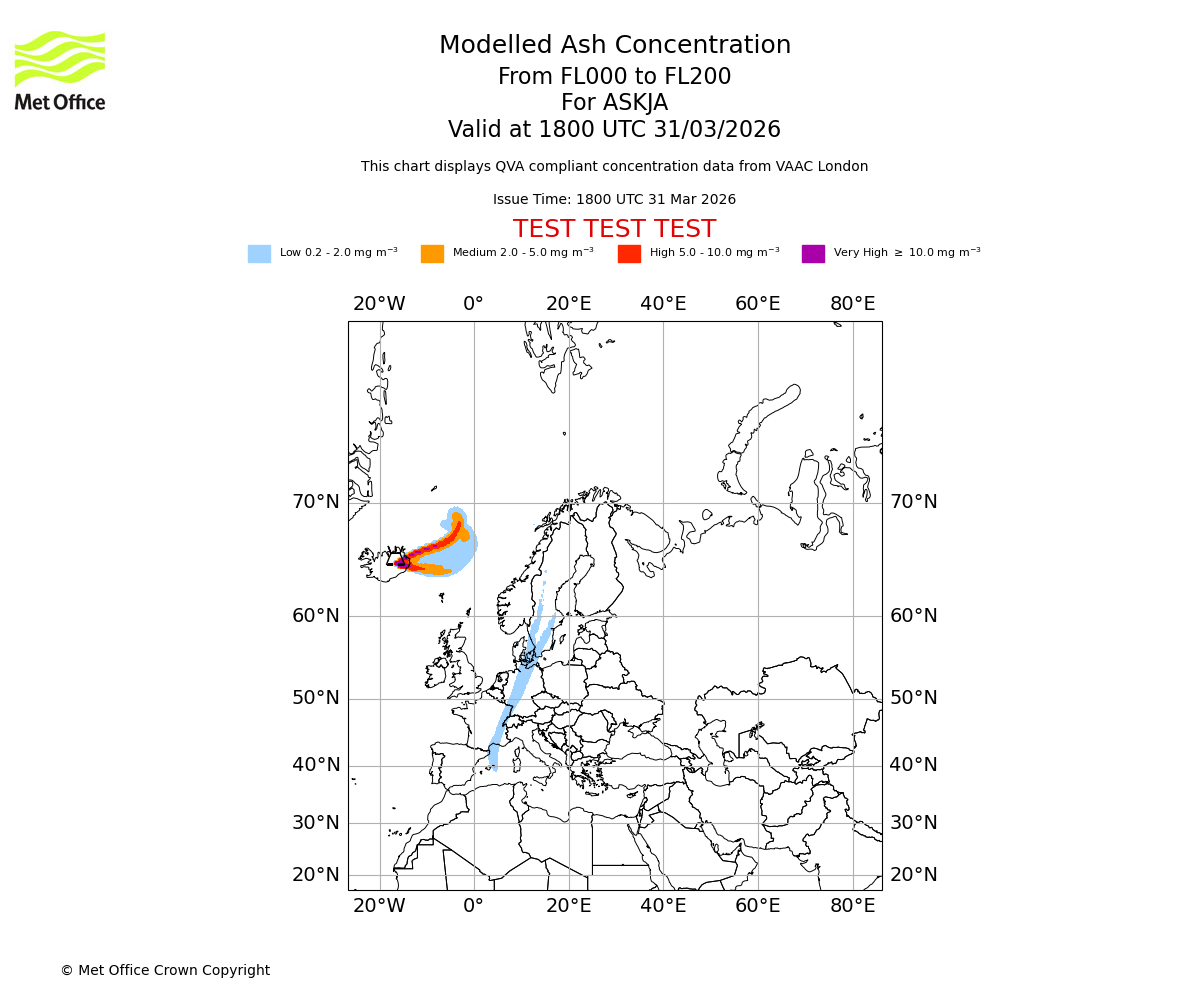 Modelled ash concentration from 000 to 200 for ASKJA. Valid at 1800 UTC 31/03/2026