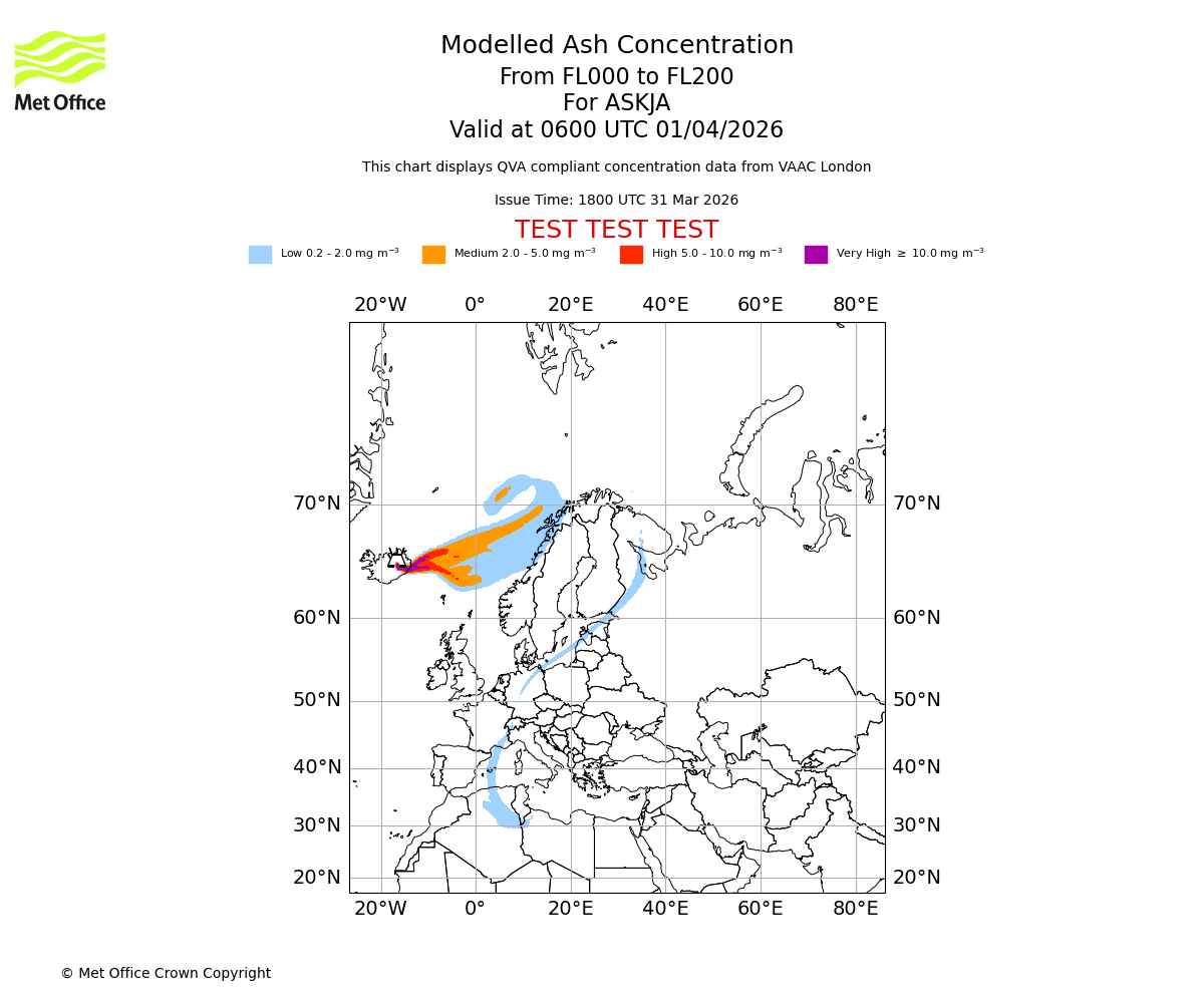 Modelled ash concentration from 000 to 200 for ASKJA. Valid at 0600 UTC 01/04/2026