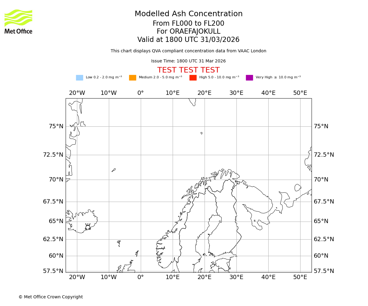 Modelled ash concentration from 000 to 200 for ORAEFAJOKULL. Valid at 1800 UTC 31/03/2026