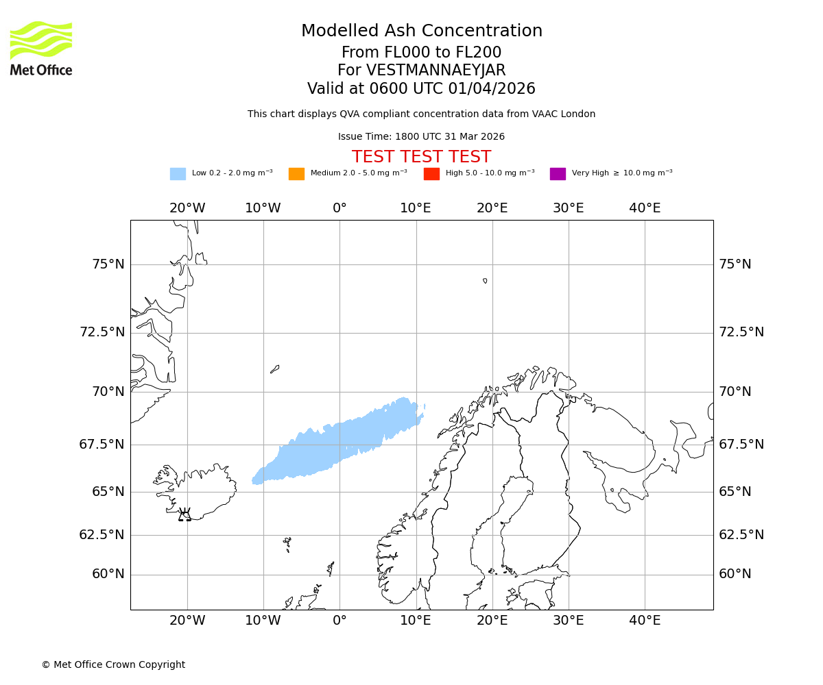 Modelled ash concentration from 000 to 200 for VESTMANNAEYJAR. Valid at 0600 UTC 01/04/2026