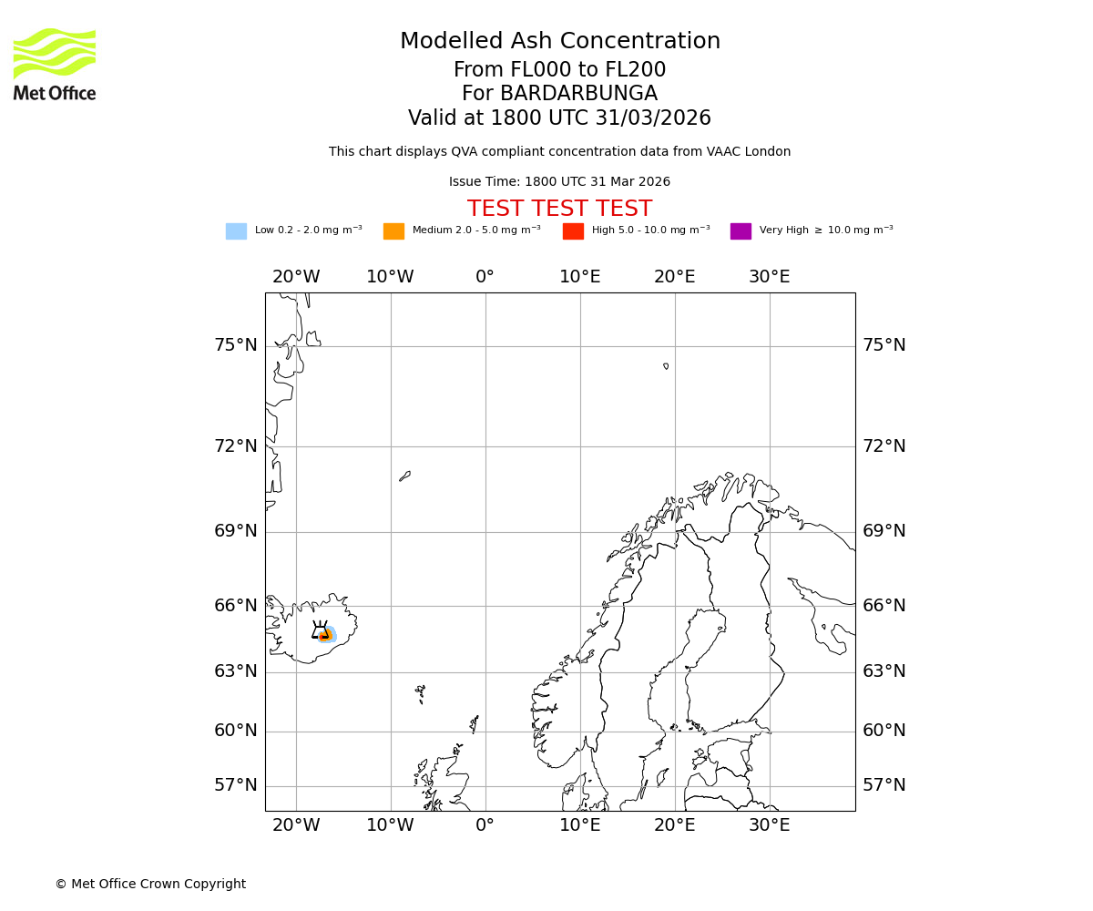 Modelled ash concentration from 000 to 200 for BARDARBUNGA. Valid at 1800 UTC 31/03/2026
