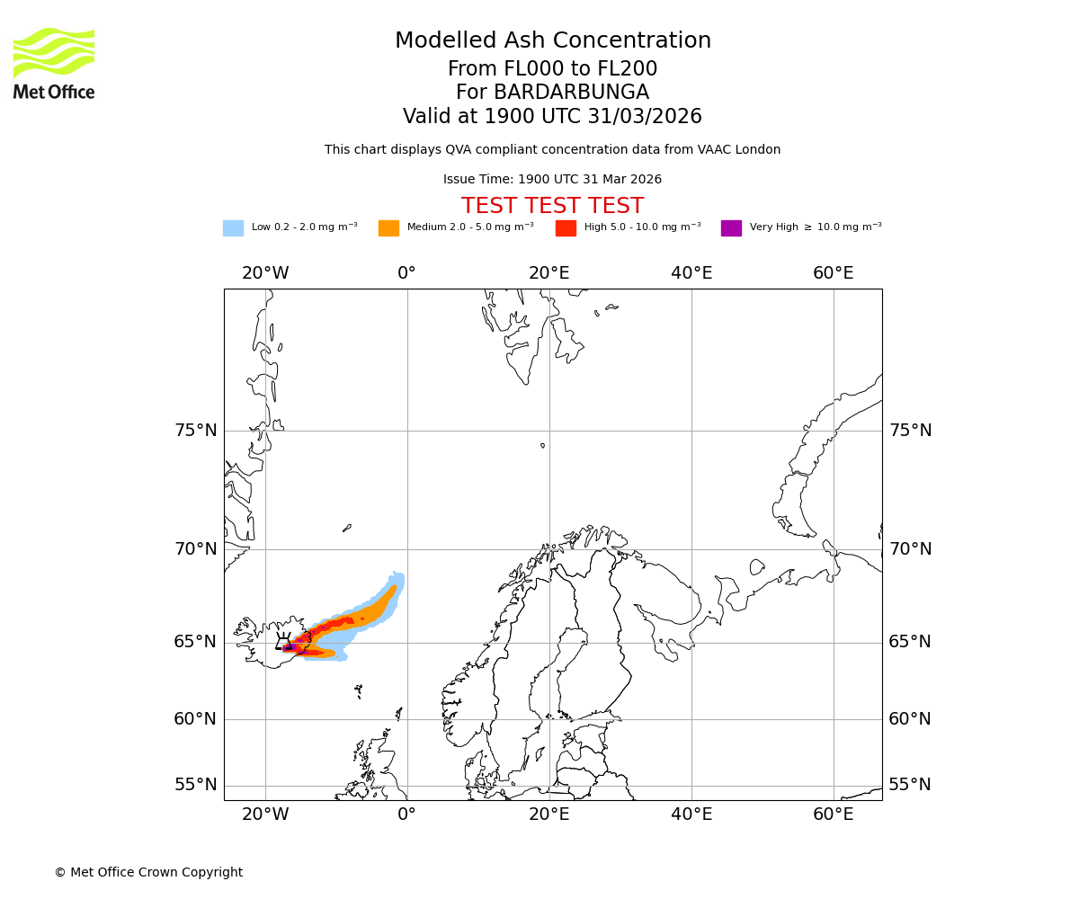 Modelled ash concentration from 000 to 200 for BARDARBUNGA. Valid at 1900 UTC 31/03/2026