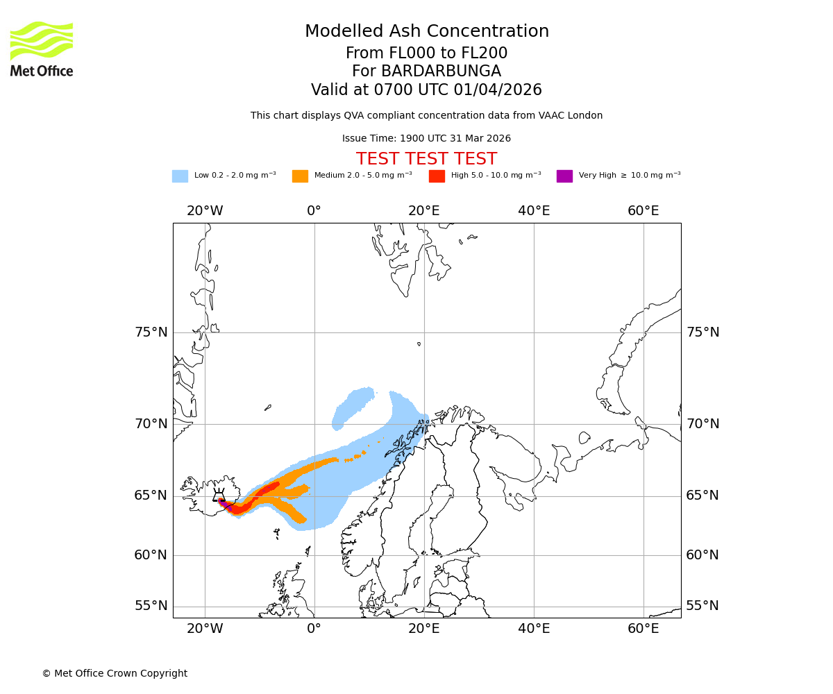 Modelled ash concentration from 000 to 200 for BARDARBUNGA. Valid at 0700 UTC 01/04/2026