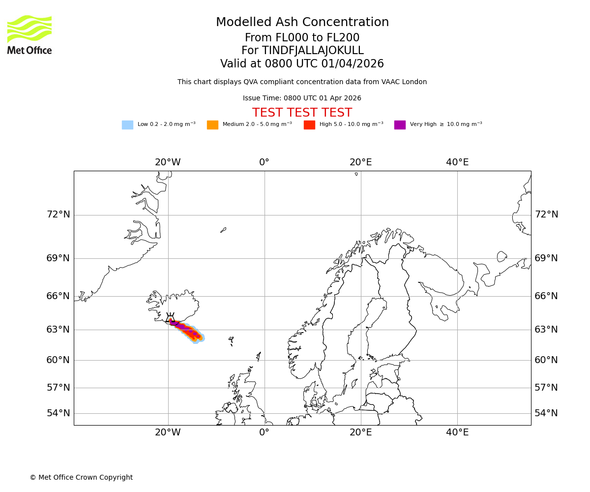 Modelled ash concentration from 000 to 200 for TINDFJALLAJOKULL. Valid at 0800 UTC 01/04/2026