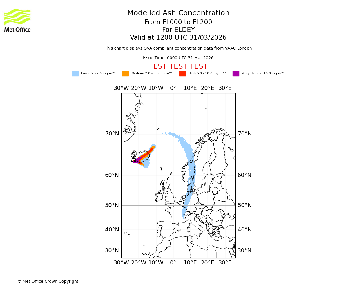 Modelled ash concentration from 000 to 200 for ELDEY. Valid at 1200 UTC 31/03/2026