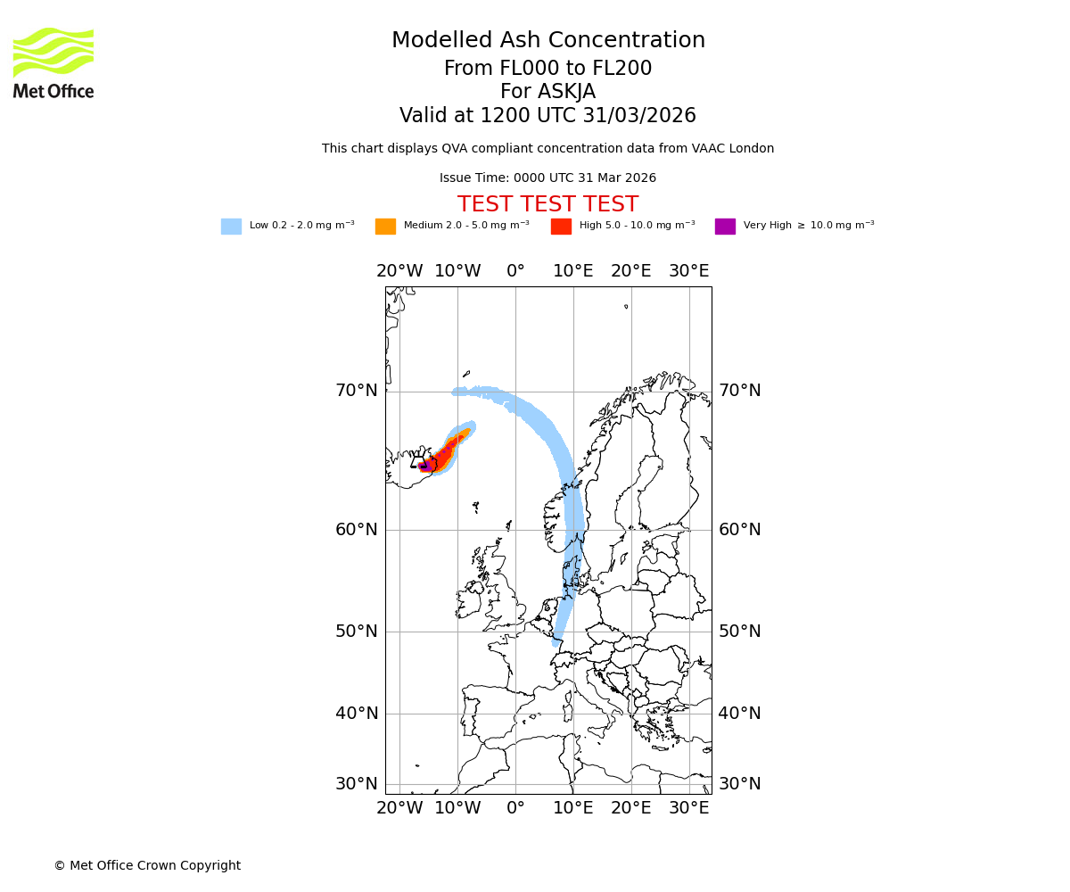 Modelled ash concentration from 000 to 200 for ASKJA. Valid at 1200 UTC 31/03/2026