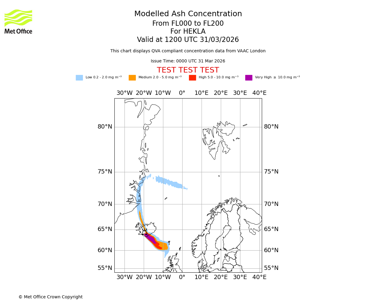 Modelled ash concentration from 000 to 200 for HEKLA. Valid at 1200 UTC 31/03/2026